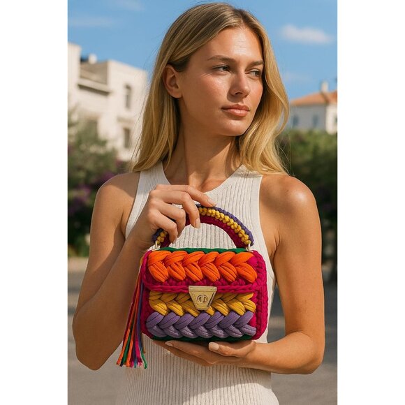 Women's Handmade Crochet Multi Evening Small Formal Flap Clutch Crossbody Bag - Picture 2 of 6
